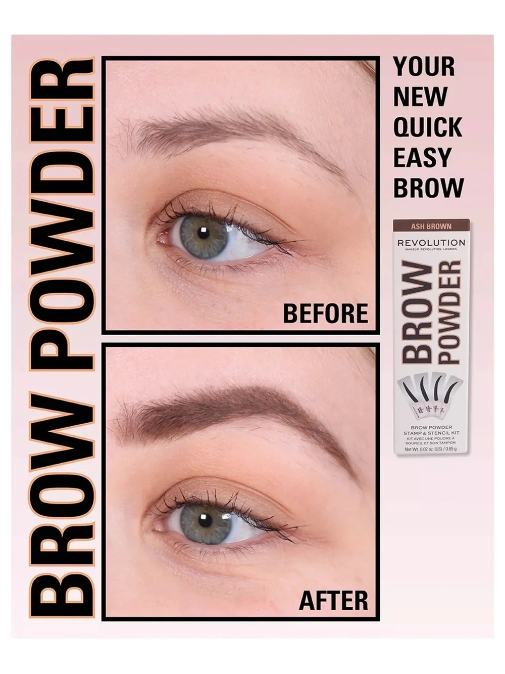 Revolution Beauty Brow Powder Stamp & Stencil Ki- Ash Brown, NEW